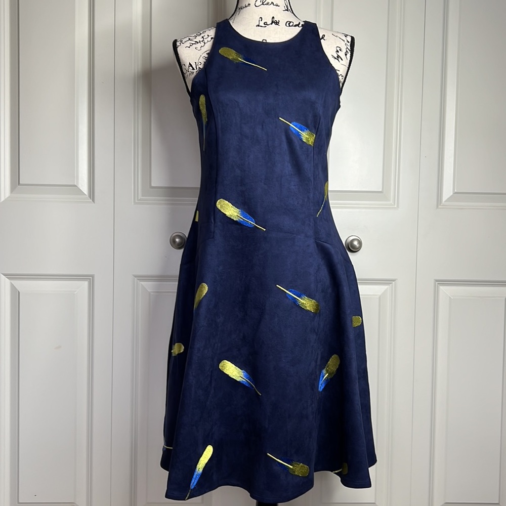 NWT Jessie Zhao Embroidered Feathers Dress Blue Size Small